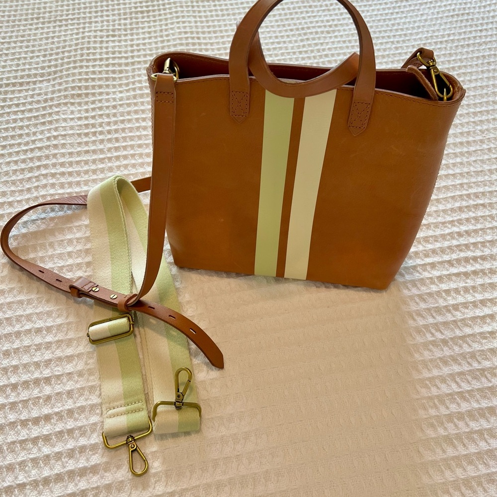 Madewell Mini Transport Zipper Tote Crossbody Bag with Green and Cream Stripes